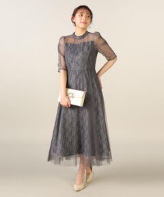 《お呼ばれドレス》レース×チュールパワショルドレス