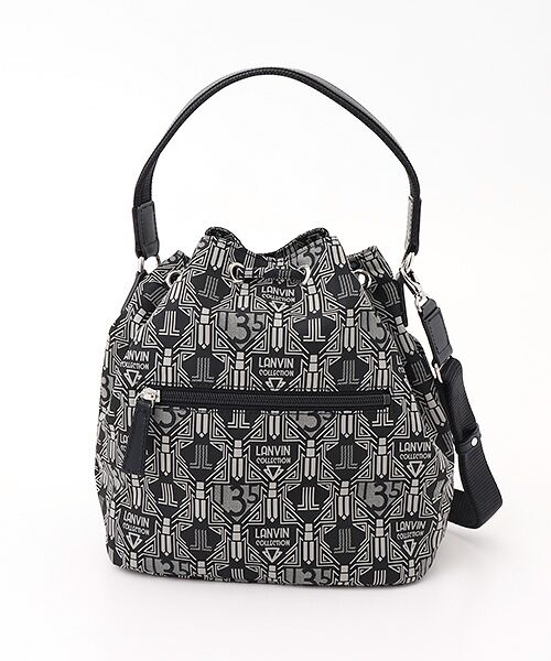 LANVIN 希少デザイン ロゴ総柄 巾着 ショルダーバッグ 金かな具 黒 極美品 オールセインツ 黒 シュリンクレザー 2way 巾着