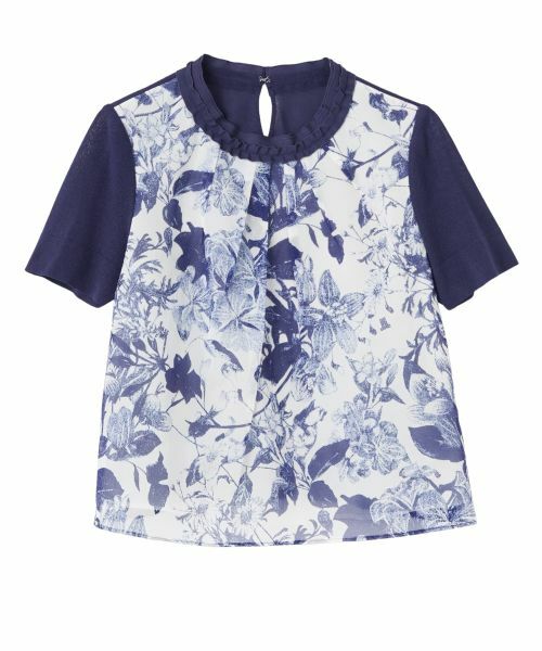 LANVIN COLLECTION / ランバン コレクション ニット・セーター | ジョーゼットレイヤード・五分袖プルオーバー（ブルー）