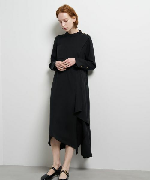 LANVIN en Bleu / ランバン オン ブルー シャツ・ブラウス | シルキーツイルドレープシャツワンピース（ネイビー）