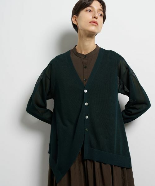 LANVIN en Bleu / ランバン オン ブルー カーディガン・ボレロ | シアーアシンメヘムカーディガン（グリーン）