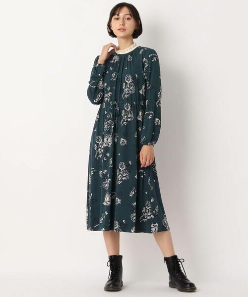 LAURA ASHLEY グレージュ×イエローグリーン リネン ロングワンピXL