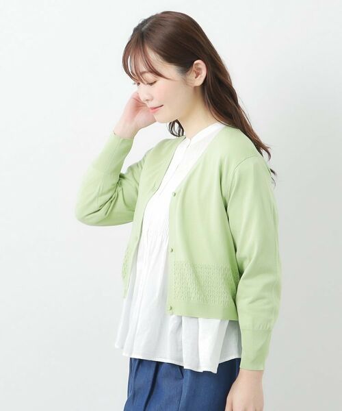 セール】 【コットンシルク混／7分袖】透かし編みVネック