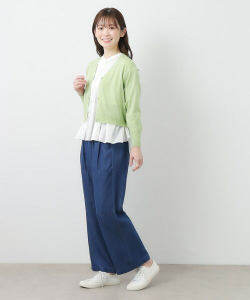 セール】 【コットンシルク混／7分袖】透かし編みVネック