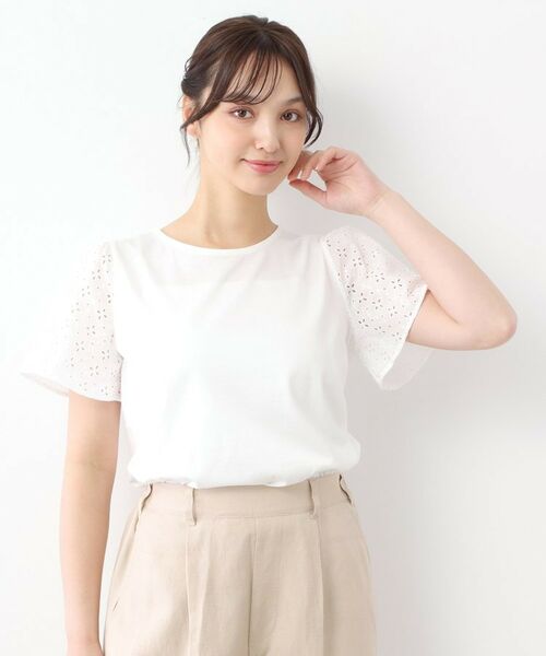 LAURA ASHLEY/ローラ アシュレイ 【洗える/コットン100%/袖レース】デザインTシャツ オフホワイト(003) 40(L) LAURA ASHLEY/ローラ アシュレイ 【洗える/コットン100%/袖レース】デザインTシャツ オフホワイト(003) 40(L)
