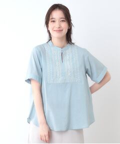 LAURA ASHLEY ブラウス シャツ 「襟刺繍」ラウンドカラー