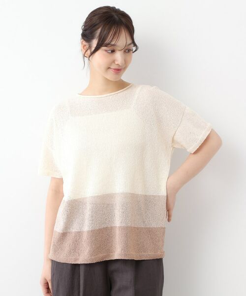 LAURA ASHLEY/ローラ アシュレイ 【日本製】ツムギ 裾ボーダー半袖プルオーバー ホワイト(102) 38(M) LAURA ASHLEY/ローラ アシュレイ 【日本製】ツムギ 裾ボーダー半袖プルオーバー ホワイト(102) 38(M)