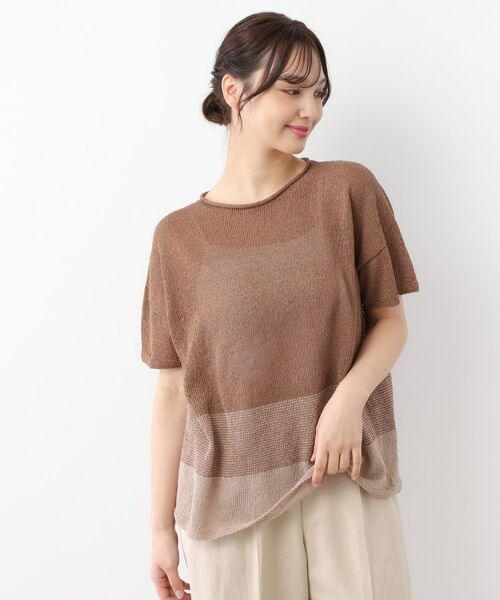 LAURA ASHLEY/ローラ アシュレイ 【日本製】ツムギ 裾ボーダー半袖プルオーバー モカブラウン(142) 38(M) LAURA ASHLEY/ローラ アシュレイ 【日本製】ツムギ 裾ボーダー半袖プルオーバー モカブラウン(142) 38(M)