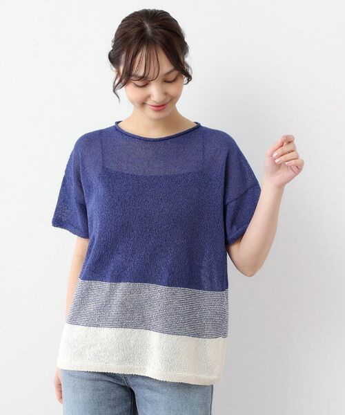 LAURA ASHLEY/ローラ アシュレイ 【日本製】ツムギ 裾ボーダー半袖プルオーバー ブルー(192) 38(M) LAURA ASHLEY/ローラ アシュレイ 【日本製】ツムギ 裾ボーダー半袖プルオーバー ブルー(192) 38(M)