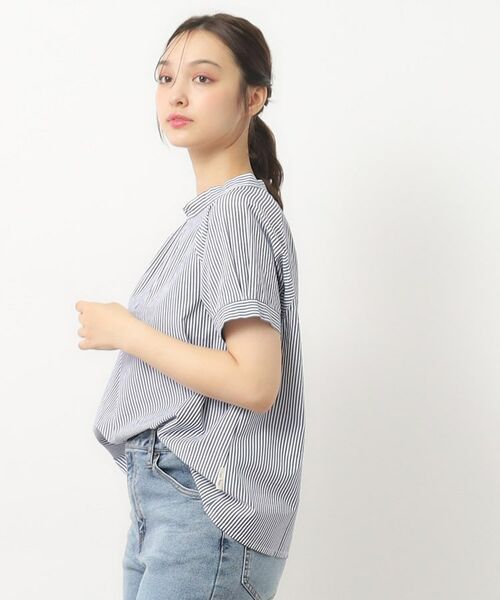 LAURA ASHLEY/ローラ アシュレイ 【日本製/ワンマイルウエア】スタンドカラー半袖ブラウス ブルー(393) 38(M) LAURA ASHLEY/ローラ アシュレイ 【日本製/ワンマイルウエア】スタンドカラー半袖ブラウス ブルー(393) 38(M)