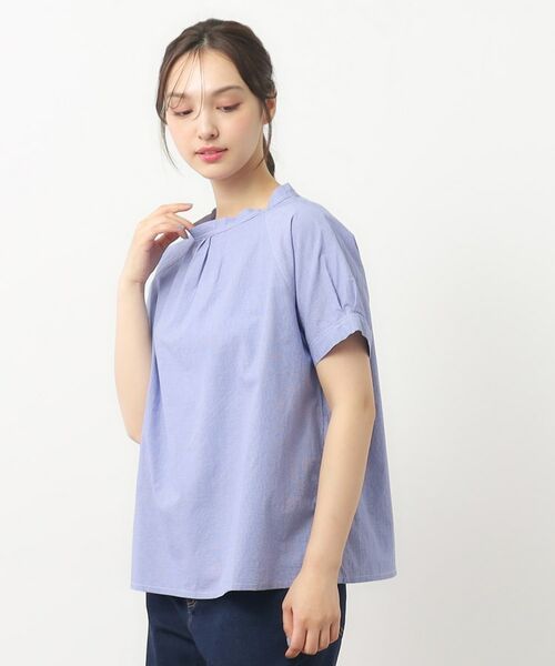 LAURA ASHLEY/ローラ アシュレイ 【日本製/ワンマイルウエア】スタンドカラー半袖ブラウス ブルー(291) 38(M)