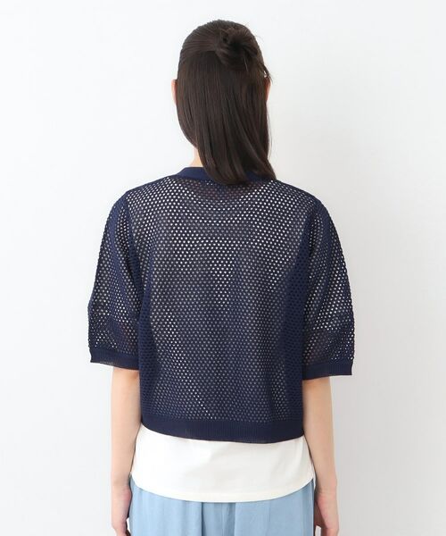 LAURA ASHLEY ローラアシュレイ☆花柄☆カーディガン☆濃紺 Mサイズ セール】 【コットンシルク混／7分袖】透かし編みVネック