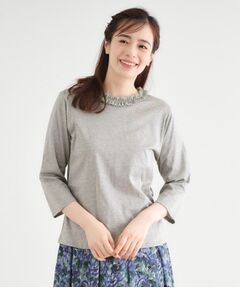 LAURA ASHLEY / ローラ アシュレイ カットソー | 【人気デザイン！7分袖／日本製/コットン100％】シフォンフリルネック カットソー