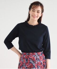 LAURA ASHLEY / ローラ アシュレイ カットソー | 【人気デザイン！7分袖／日本製/コットン100％】シフォンフリルネック カットソー
