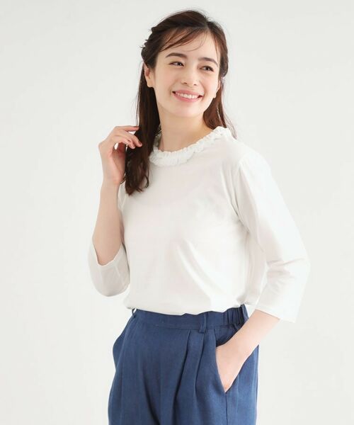 LAURA ASHLEY / ローラ アシュレイ カットソー | 【人気デザイン！7分袖／日本製/コットン100％】シフォンフリルネック カットソー | 詳細1