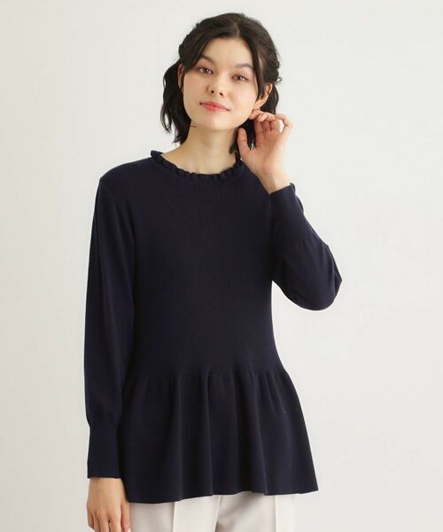 LAURA ASHLEY / ローラ アシュレイ ニット・セーター | 【洗える/ウール混/サスティナブル素材】フリルネックペプラム プルオーバーニット(ネイビー(094))