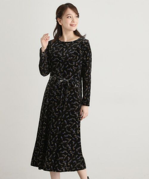 LAURA ASHLEY / ローラ アシュレイ ミニ丈・ひざ丈ワンピース | 【洗える/同柄アイテムあり】エラビー スプリッグ柄ベロアワンピース(ブラック(119))