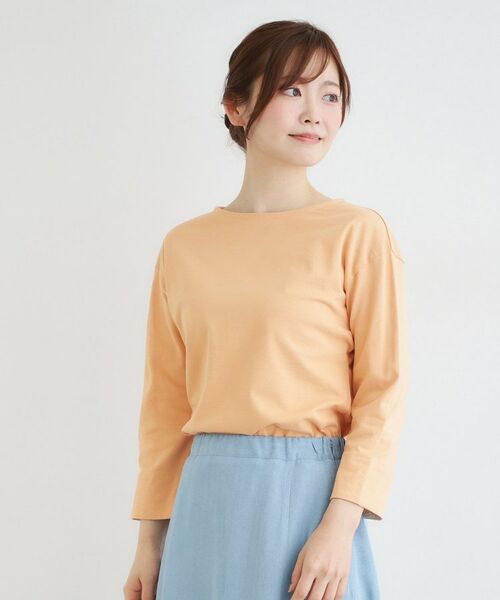 LAURA ASHLEY / ローラ アシュレイ カットソー | 【7分袖／コットン100％／見返し刺繍入り／5colors】ハービー フィールド柄プルオーバー（オレンジ(066)）