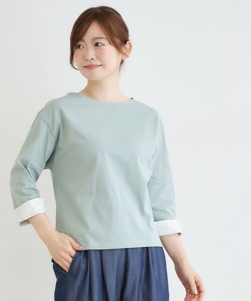 LAURA ASHLEY / ローラ アシュレイ カットソー | 【7分袖／コットン100％／見返し刺繍入り／5colors】ハービー フィールド柄プルオーバー（ブルー(091)）