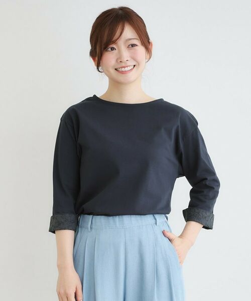 LAURA ASHLEY / ローラ アシュレイ カットソー | 【7分袖／コットン100％／見返し刺繍入り／5colors】ハービー フィールド柄プルオーバー（ネイビー(094)）