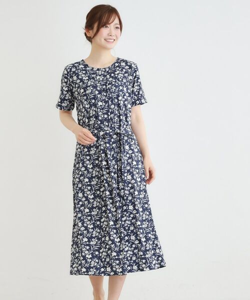 LAURA ASHLEY / ローラ アシュレイ ロング・マキシ丈ワンピース | 【洗える／ジャージ素材／同柄アイテムあり】ライ柄ワンピース（ネイビー(194)）