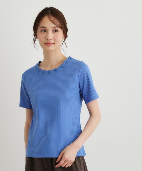 LAURA ASHLEY / ローラ アシュレイ カットソー | 【日本製／コットン100％】スカラップ刺繍カットソー（ブルー(092)）