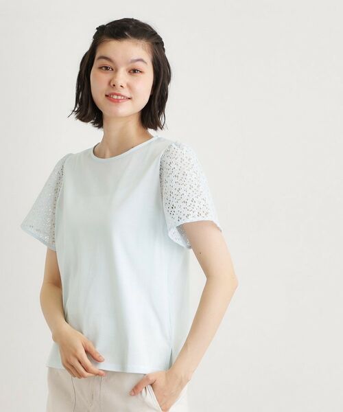 LAURA ASHLEY / ローラ アシュレイ カットソー | 【洗える／コットン100％／日本製】レーススリーブカットソー（サックスブルー(090)）