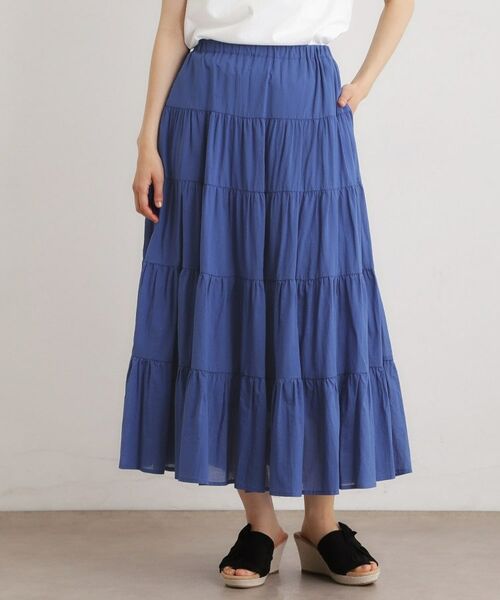 LAURA ASHLEY / ローラ アシュレイ ロング・マキシ丈スカート | 【ウエストゴム仕様／両脇ポケット】コットンボイル ティアードスカート（ブルー(092)）