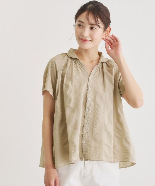 LAURA ASHLEY / ローラ アシュレイ シャツ・ブラウス | 【日本製/ワンマイルウエア】コットンワイドストライプ ギャザーブラウス（ベージュ(012)）