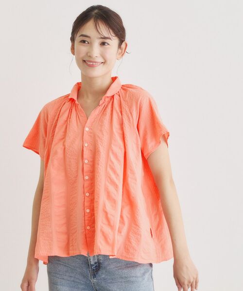 LAURA ASHLEY / ローラ アシュレイ シャツ・ブラウス | 【日本製/ワンマイルウエア】コットンワイドストライプ ギャザーブラウス（オレンジ(066)）