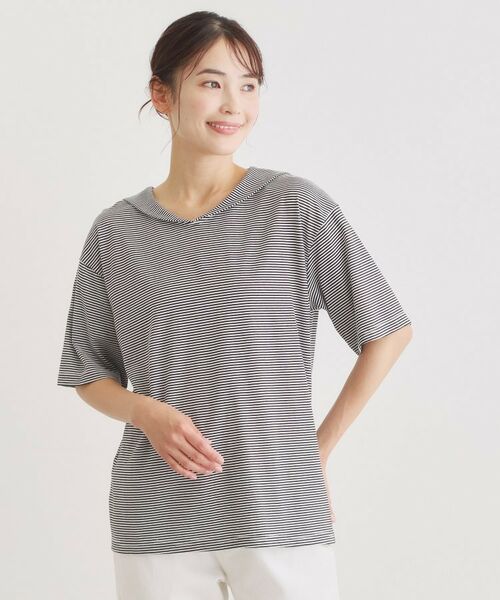 LAURA ASHLEY / ローラ アシュレイ カットソー | 【日本製/ワンマイルウエア】クールローレルスカイコット セーラーカラーボーダーシャツ（ブラック(319)）