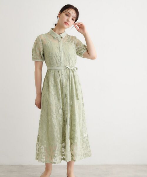 LAURA ASHLEY / ローラ アシュレイ ロング・マキシ丈ワンピース | 【洗える／5分袖／キャミワンピ付き】エルヴェデン柄チュール刺繍ワンピース（グリーン(123)）