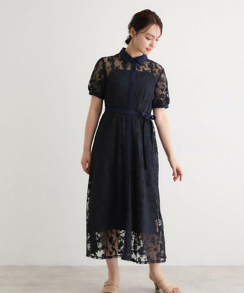 LAURA ASHLEY / ローラ アシュレイ ロング・マキシ丈ワンピース | 【洗える／5分袖／キャミワンピ付き】エルヴェデン柄チュール刺繍ワンピース（ネイビー(194)）