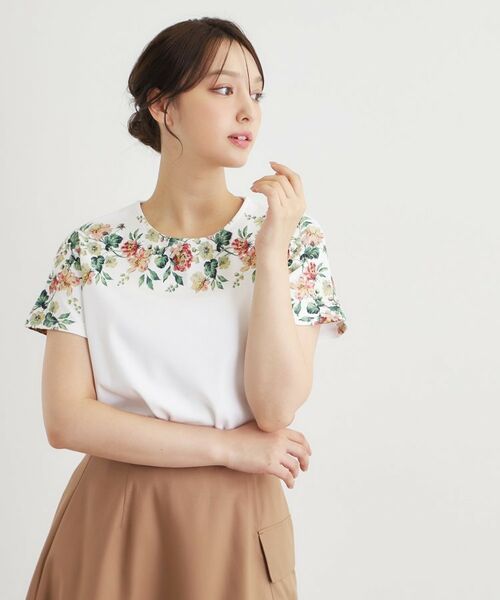 LAURA ASHLEY / ローラ アシュレイ カットソー | 【接触冷感／洗える／コットン100％】ロミリー柄 デコルテプリントTシャツ | 詳細1
