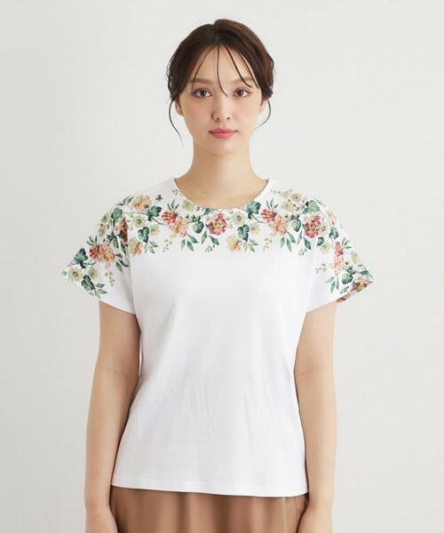 LAURA ASHLEY / ローラ アシュレイ カットソー | 【接触冷感／洗える／コットン100％】ロミリー柄 デコルテプリントTシャツ | 詳細13