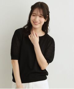 LAURA ASHLEY / ローラ アシュレイ ニット・セーター | 【洗える／調温機能糸使用】かぎ針編み風ラウンドカラープルオーバーニット