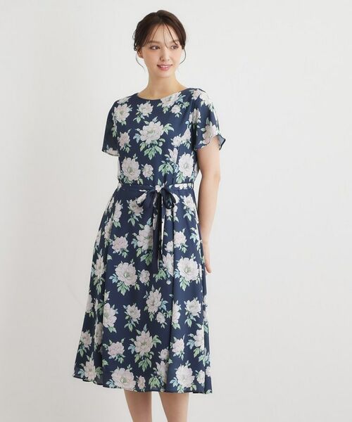 LAURA ASHLEY / ローラ アシュレイ ミニ丈・ひざ丈ワンピース | 【2WAYウエストリボン／洗える／総裏付き】ウィズリー柄ワンピース（ネイビー(194)）
