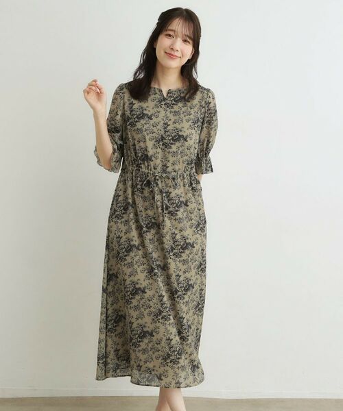 LAURA ASHLEY / ローラ アシュレイ ミニ丈・ひざ丈ワンピース | 【洗える／ウエストドロスト・袖口ゴム仕様】トワル ディライト柄シフォンワンピース（カーキ(127)）