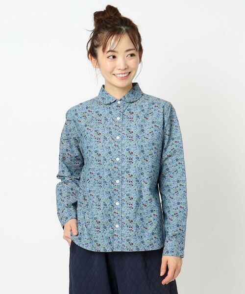 LAURA ASHLEY / ローラ アシュレイ シャツ・ブラウス | 【コットン100％／日本製／ワンマイルウエア】ロサ サンクタ柄 ダンガリーブラウス（ブルー(192)）