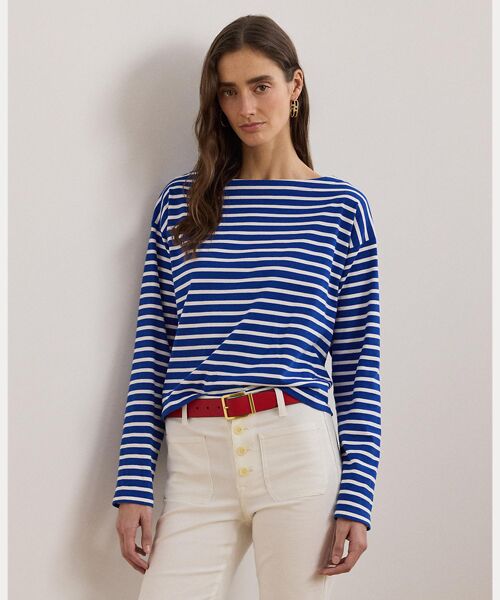 LAUREN RALPH LAUREN/ローレン ラルフ ローレン ストライプド コットン ジャージー ボートネック トップ 400ブルー XS LAUREN RALPH LAUREN/ローレン ラルフ ローレン ストライプド コットン ジャージー ボートネック トップ 400ブルー XS