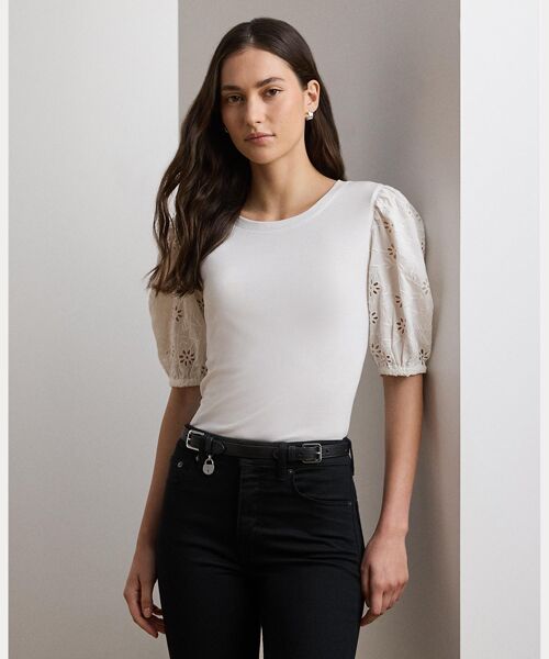 LAUREN RALPH LAUREN/ローレン ラルフ ローレン アイレット ジャージー パフスリーブ Tシャツ 100ホワイト S LAUREN RALPH LAUREN/ローレン ラルフ ローレン アイレット ジャージー パフスリーブ Tシャツ 100ホワイト S