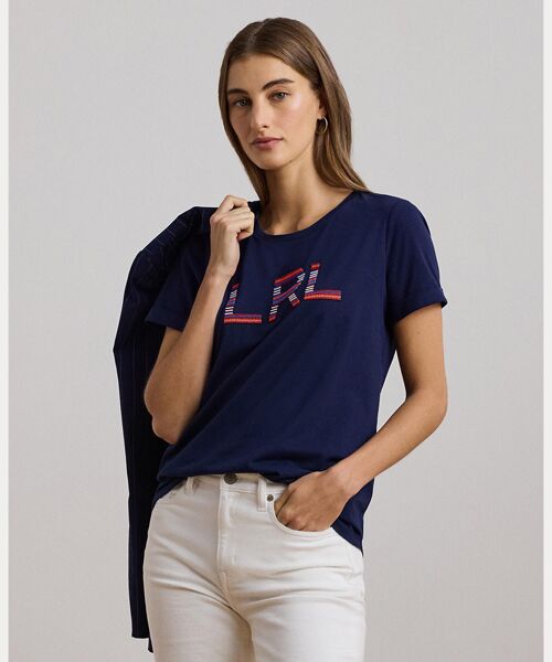 LAUREN RALPH LAUREN/ローレン ラルフ ローレン ビーデッドロゴ コットン ジャージー Tシャツ 410ネイビー M LAUREN RALPH LAUREN/ローレン ラルフ ローレン ビーデッドロゴ コットン ジャージー Tシャツ 410ネイビー M