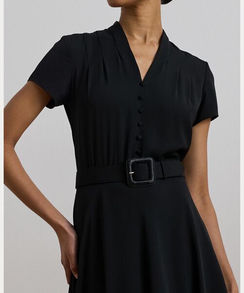 Ralph Lauren 長袖 ジョーゼット ワンピース NAVY セール】 ベルテッド シルクブレンド シャツドレス （ロング
