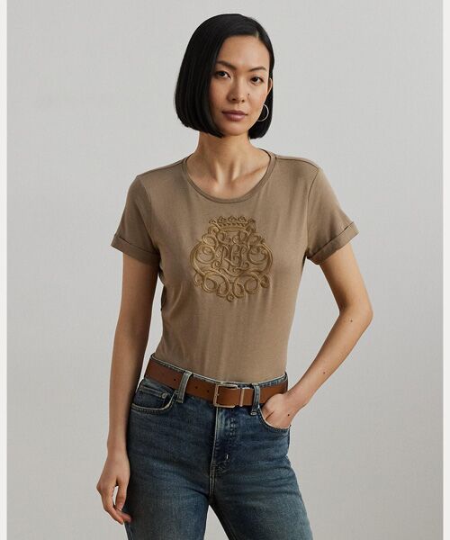 LAUREN RALPH LAUREN/ローレン ラルフ ローレン エンブロイダリーロゴ コットンブレンド ジャージー Tシャツ 260ブラウン S LAUREN RALPH LAUREN/ローレン ラルフ ローレン エンブロイダリーロゴ コットンブレンド ジャージー Tシャツ 260ブラウン S