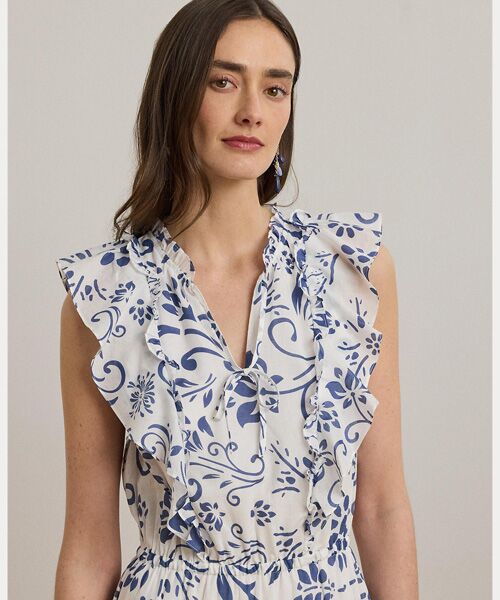 【Ralph Lauren】シンプルで美しいストラップレスプリーツドレス フローラル コットン ボイル ティアード マキシドレス （ロング