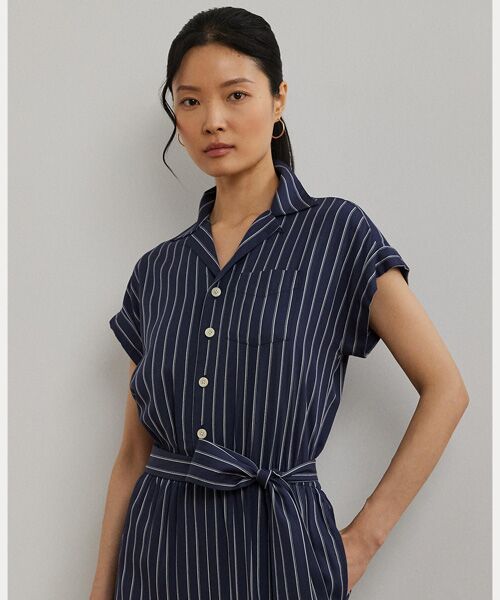 Lauren Ralph Lauren★千鳥格子ベルト付きリネンジャンプスーツ ストライプド ベルテッド ツイル ワイドレッグ ジャンプスーツ