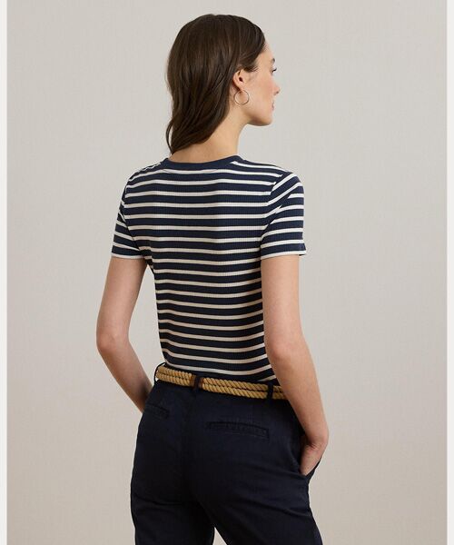 LAUREN RALPH LAUREN / ローレン ラルフ ローレン Tシャツ | ストライプド ボタントリム リブニット Tシャツ | 詳細3