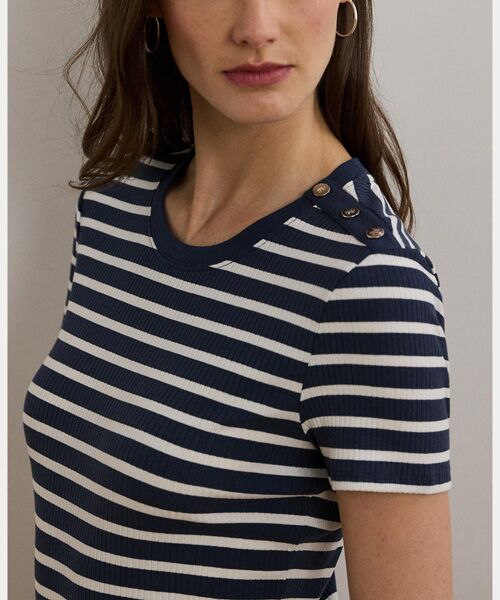 LAUREN RALPH LAUREN / ローレン ラルフ ローレン Tシャツ | ストライプド ボタントリム リブニット Tシャツ | 詳細4