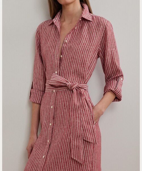 ストライプ リネン ロールタブスリーブ シャツドレス （ロング・マキシ