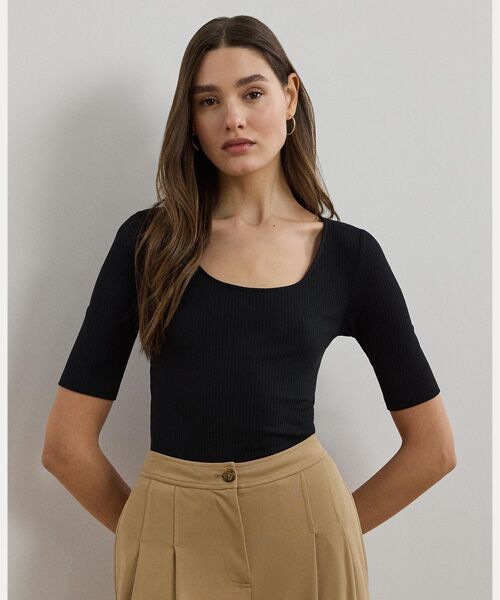 LAUREN RALPH LAUREN/ローレン ラルフ ローレン リブニット コットンブレンド エルボースリーブ Tシャツ 001ブラック XS LAUREN RALPH LAUREN/ローレン ラルフ ローレン リブニット コットンブレンド エルボースリーブ Tシャツ 001ブラック XS